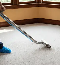 Steam carpet cleaning technician using a hot-water extraction wand on a residential carpet, wearing blue protective shoe covers Naperville, IL.